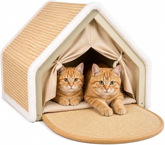 Cat Houses for Indoor Cats, 4-Season Universal Cat Bed with Natural Hemp Scratching Pad, Solid Wood Frame, Easy to Assemble, Floor-Scratching Carpet, Medium