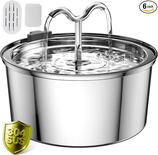DOOOB Cat Water Fountain, 3.2L/108OZ Stainless Steel Pet Water Dispenser Automatic Metal Dog Drinking Fountains Water Bowl with Replacement Filters Ultra-Quiet Pump