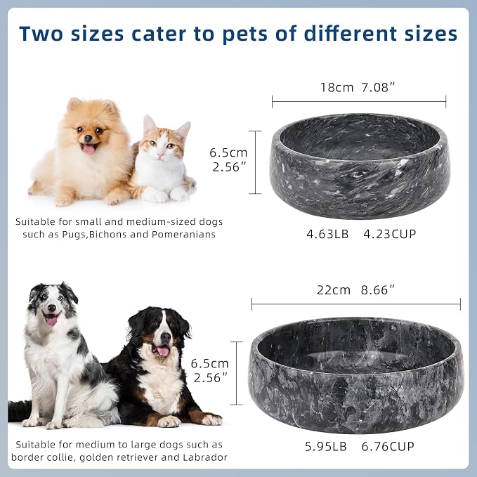 Marble Dog Bowl Natural Heavy Duty Pet Bowls Non-Slip Cat Food Water Bowl Stone Dish (Dark Grey, Large)