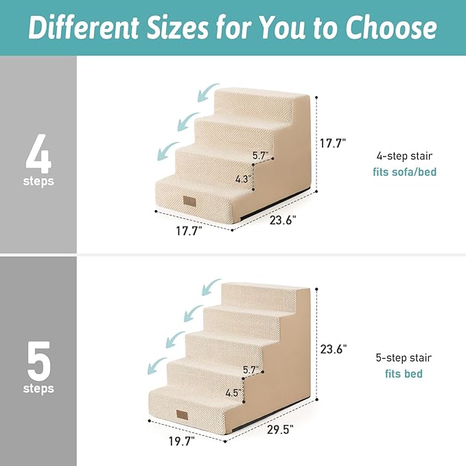 COZY KISS Dog Stairs for Small Dogs, 5 Tier Wider Pet Stairs for High Beds, 23.6" H Non-Slip Dog Steps for Old Cats, Puppies, Small Medium Dogs, 19.7x29.5x23.6 inch, Beige