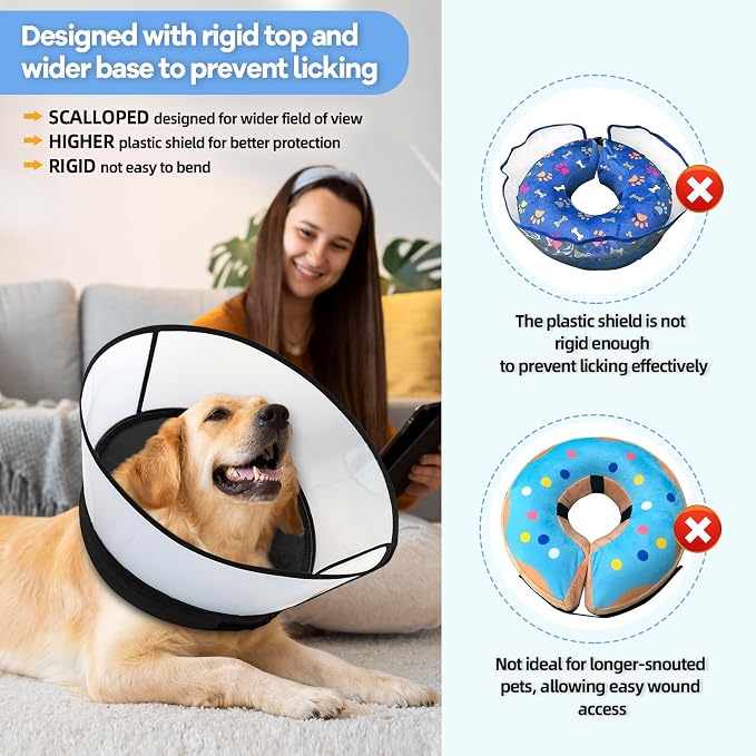 2-in-1 Inflatable Dog Cone Collar with Detachable Anti-Licking Shield, Soft Adjustable Elizabethan Collar for Dogs After Surgery (M+, Black)