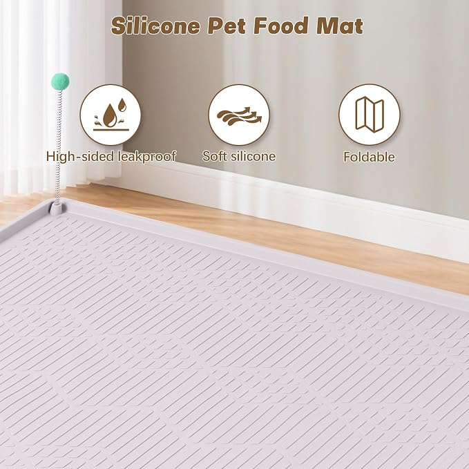 Cat Food Mat with Toy Ball, 38'' x 25'' Extra Large Silicone Pet Feeding Mat with Raised Edge Pet Placemat for Food and Water Bowl Non-Slip, Easy to Clean, Floor Protection (White)