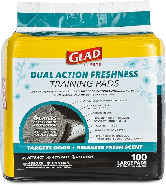 Glad for Pets Dual Action Freshness Activated Carbon Puppy Pads, Fragrance Release, Scented Odor Control, 6-Layer Leak-Proof, Pheromone Attractant, 23 x 23 Inch, 100 Count - 2 Pack