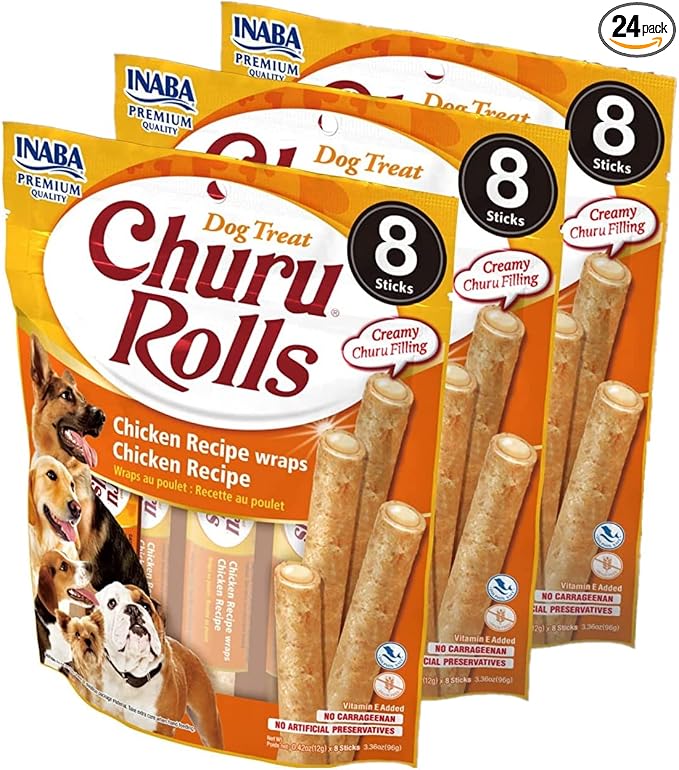 INABA Churu Rolls for Dogs, Grain-Free, Soft/Chewy Baked Chicken Wrapped Churu Filled Dog Treats, 0.42 Ounces Each Stick| 24 Stick Treats Total (8 Sticks per Pack), Chicken Recipe