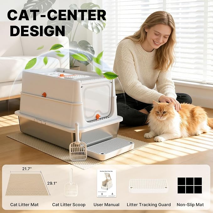 Stainless Steel Litter Box with Flip Lid, XL Extra Large Cat Litter Box with High Sided Top Entry Design, Anti-Leakage Enclosed Metal Litterbox for Big Cats, with Handle, Mat, Pedal & Scoop, Beige