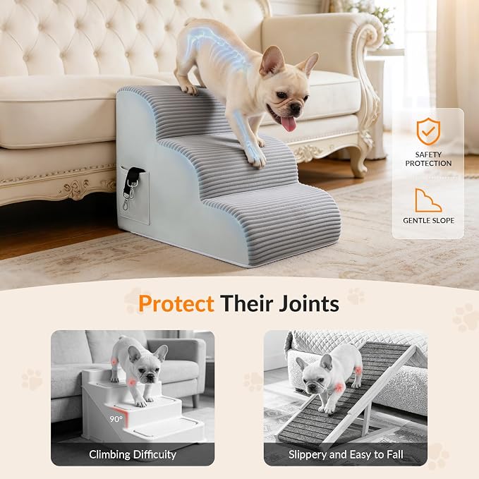 Dog Stairs for Couch and Chair,15.7" H 3-Step Pet Steps for Small Dogs and Cats, Non-Slip Sturdy Dog Ramp with Anti-Tip Safety Strap and Washable Cover,Balanced Ramp Indoor Pet Stairs