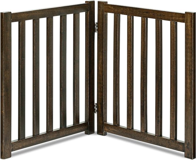 LZRS 2-Panel Wooden Free Standing Foldable Dog Gate Indoor – Solid Hardwood 24" High, Step-Over Safety Pet Gate for Doorways, Stairs & Small Spaces - Indoor Use, Walnut