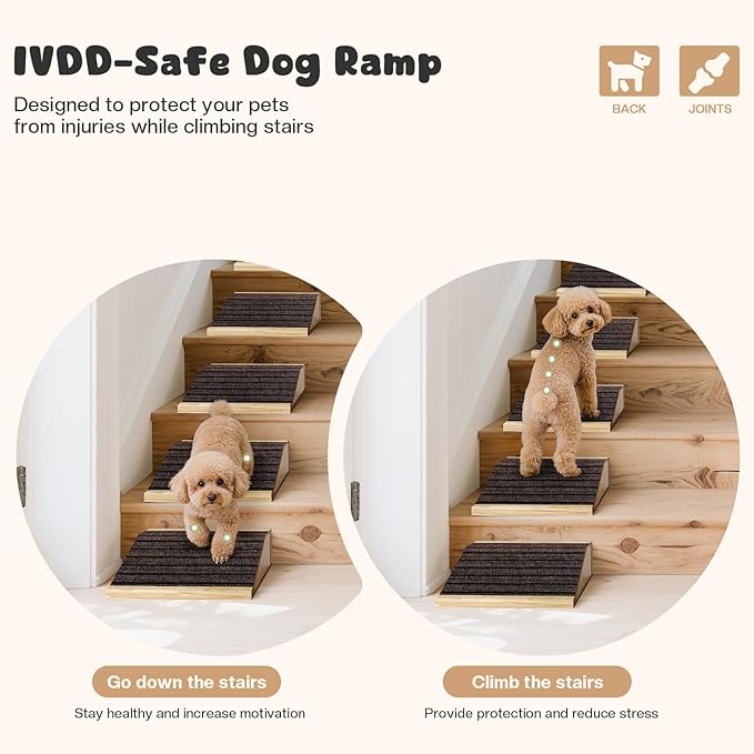 4-Pack Wooden Dog Ramp for Stairs, Anti-Slip Pet Steps for Small Dogs with Carpet Surface, Low-Angled Pet Ramps for Staircase, Steps and Stairs Assist for Injured & Aged Pets, Stairs Ramp for Dogs