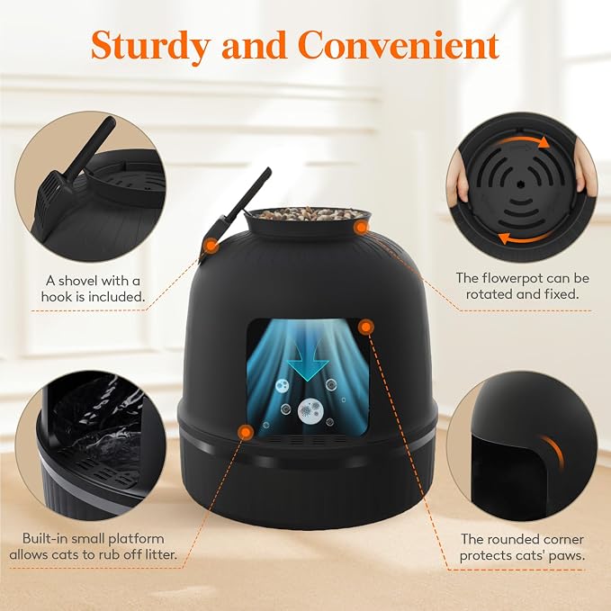 Lifewit Cat Litter Box, Hidden Enclosure Litter Tray with Odor Control & Carbon Filter in Living Room, Bedroom, Corner with Faux Plant& Plastic Scoop, Litter Liner, 48 x 120 cm/19x47, Black