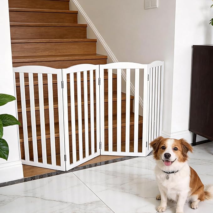 Freestanding Dog Gate Indoor,Doggie Gate Foldable Pet Gates for Doorways,Stairs or Hallways, Wooden White Pet Gate for the House, Pet Fence,32 "Height-4 Panels