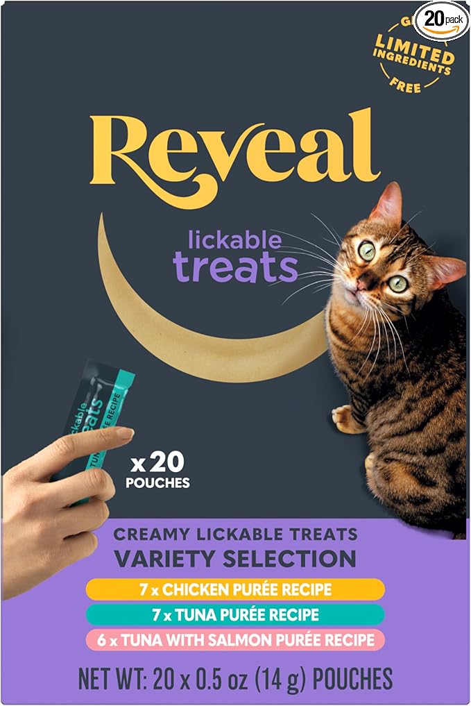 Reveal Fish and Chicken Variety Puree Lickable Cat Treats 20-Pack, Limited Ingredient, Grain Free, Protein Squeeze Up Cat Treats for Training or Food Topper (20 x 0.5 oz Pouches)