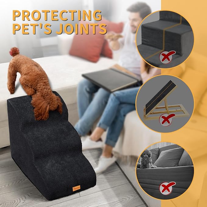 Topmart 3 Tiers Foam Dog Ramps/Steps,Non-Slip, Extra Wide Deep Dog Stairs,High Density Foam Pet Stairs/Ladder,Best for Older Cats,Small Pets,Black