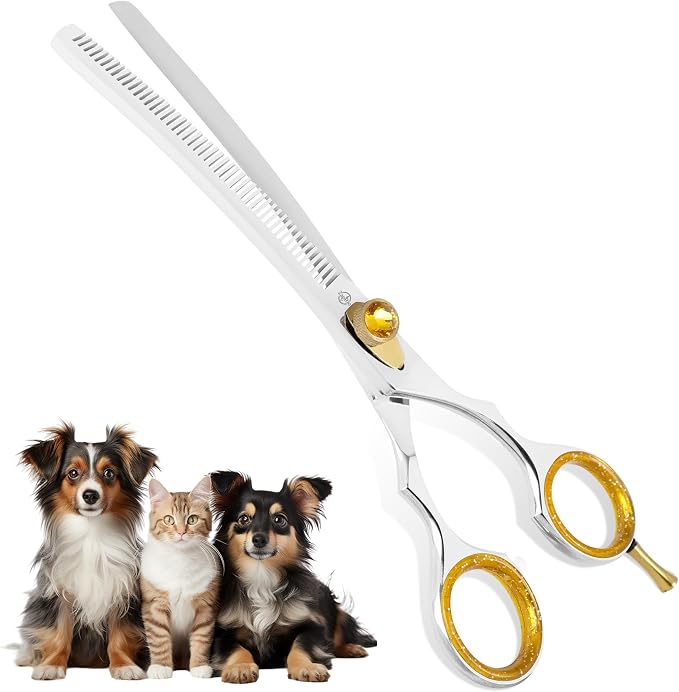 7.5” Curved Thinning Shears for Dogs and Cats – 34 Tooth Professional Pet Grooming Scissors – Smooth, Quiet Blending Shears for Face, Ears, Chest and Legs, Ergonomic Design for Home and Pro Use