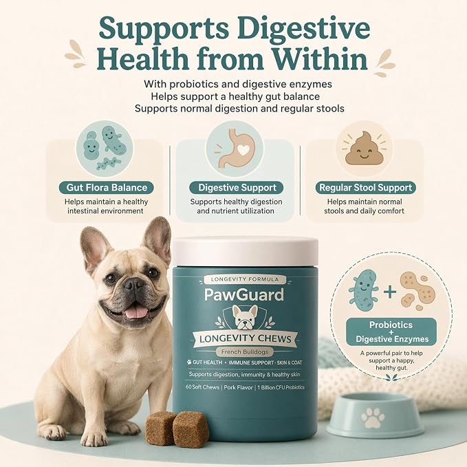 PawGuard French Bulldog Longevity Chews, Breed-Specific Soft Chews for Digestive Health & Immune Support with Probiotics & Digestive Enzymes, Plus Glucosamine & Chondroitin for Joint Support