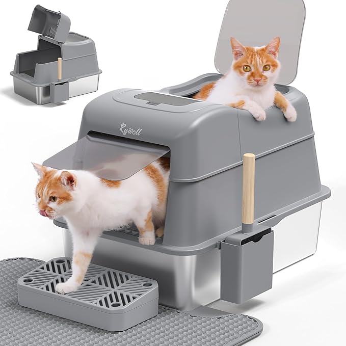 Rywell Stainless Steel Litter Box with Lid XL,120° Flip Cover Stainless Steel Litter Box with Litter Scoop and Litter Mat, Odor Control,Anti-Leakage, Non-Stick, Easy to Clean