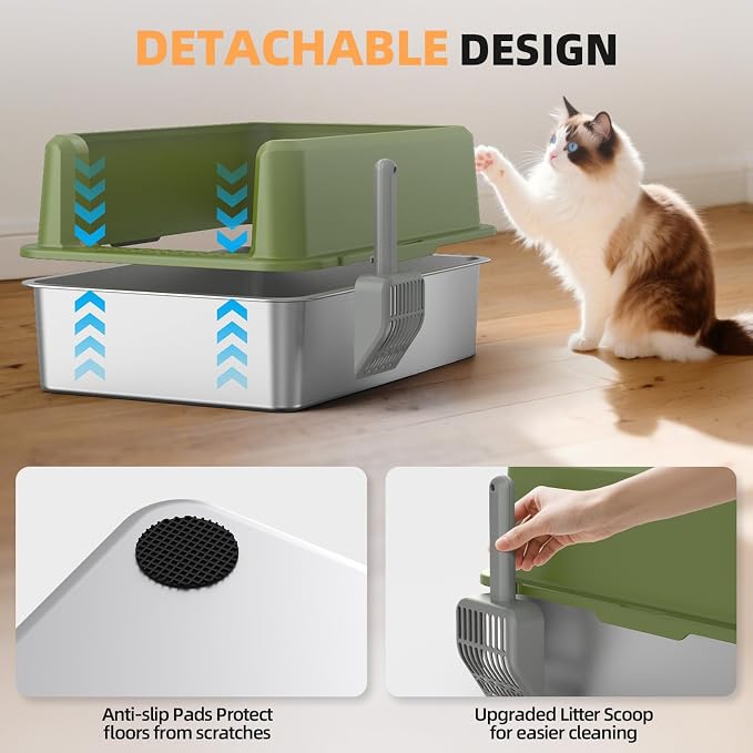 WoofiGo Enclosed Stainless Steel Cat Litter Box with Lid, XL Extra Large Litter Box for Big Cats, Metal Litter Pan High Sided, Never Absorbs Odors, Anti-Urine Leakage, Include Scoop (65-Green)
