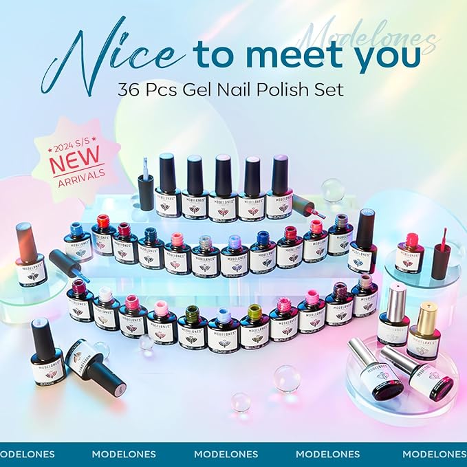 modelones 40 Pcs Gel Nail Polish Set, 36 Colors Nude Brown Green Red Gel Polish White Maroon Orange Blue Glitter Nail Polish with Base & Matte/Glossy/Glitter Top Coat LED Mani Gift