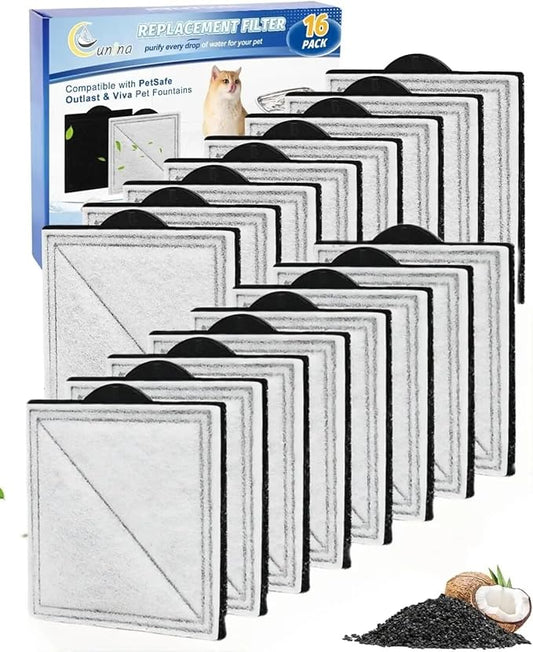 16 Pack Cat Fountain Filter Replacement Fit for PetSafe Outlast Pumpless Pet Fountain, Fit for Ion-X, Viva and Premier Stainless Steel Cat Water Fountain, Pet Water Fountain Filters for Dogs & Cats