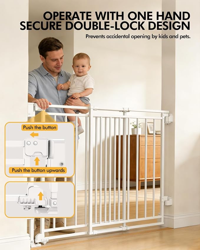Baby Gate for Stairs, Doorways & Hallways with Auto Close – 32"-54" W x 29" H, Extra-Wide Walk Thru and No Bottom Bar for Easy Access, Adjustable Safety Gate for Dogs & Toddlers, White