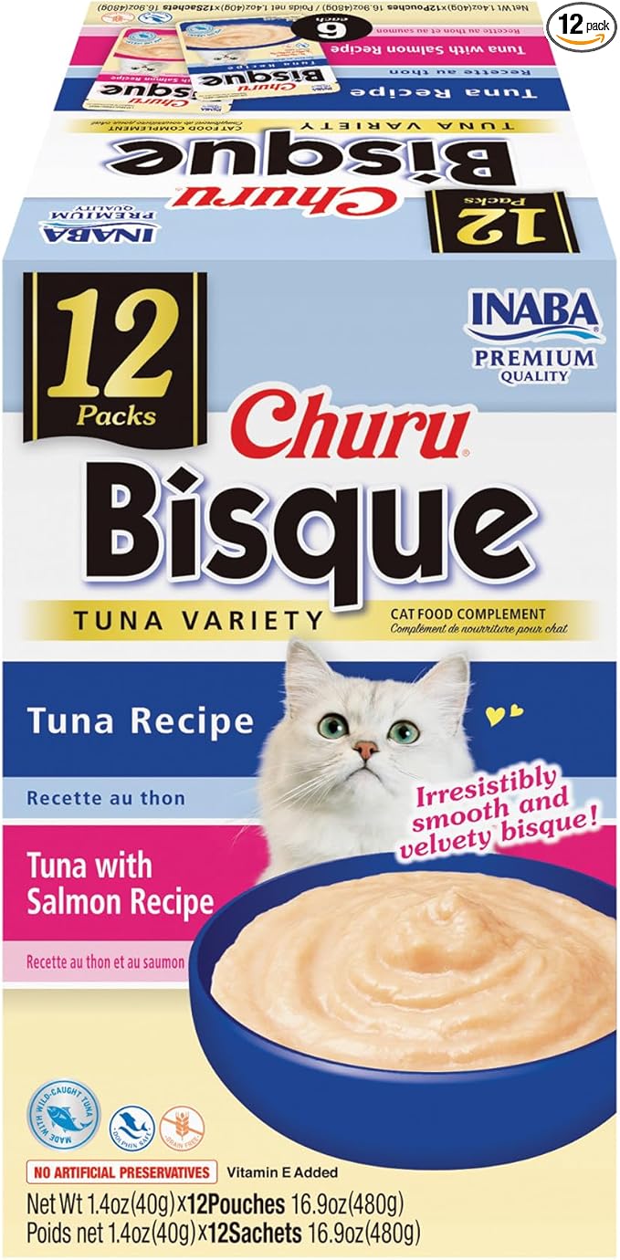 INABA Churu Bisque for Cats, Creamy Lickable Purée Side Dish with Vitamin E, 1.4 Ounces per Pouch, 12 Pouches, Tuna Variety