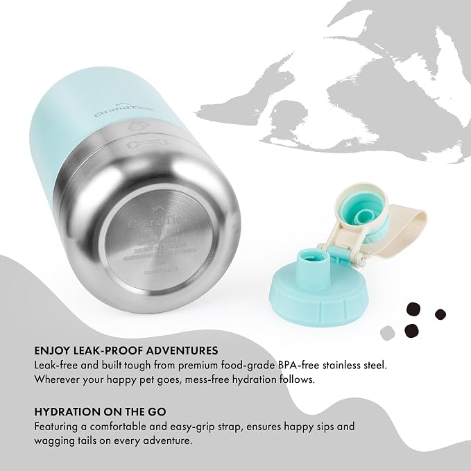 GrandTies Insulated Portable Dog Water Bottle with 2 Detachable Water Bowl Dispenser | Leak-Proof Dog Food Travel Container | Accessories for Dogs Walking, Hiking, Camping (64oz, Powder Green)