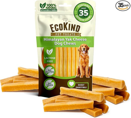 EcoKind Yak Cheese Himalayan Dog Chews, Yak Chews for Medium Dogs, Long Lasting Bone for Aggressive Chewers, Only 3 Ingredients, Natural High Protein Treats, No Additives, Medium - 35+ Chews (5 lbs)
