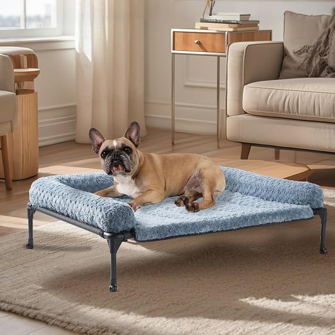 Veehoo Orthopedic Elevated Dog Bed Add Removable Deluxe Rose Plush Bolster Cushion Mat, 35" x 22" Washable Dog Couch Bed, Raised Pet Cot with Breathable Teslin Mesh, No-Slip Feet, Haze Blue, CWC2439B
