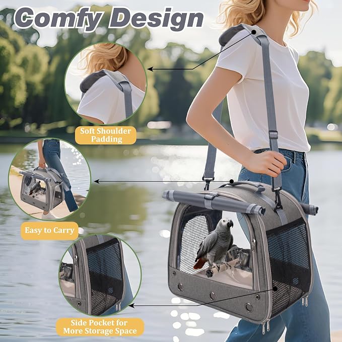Bird Carrier Parrot Travel Cage with Perch, Food Bowl, Tray and Breathable Clear Window, Bird Travel Bag for African Gray Cockatiel Caique Conure Quaker, for Vetting Camping Hiking (Gray)