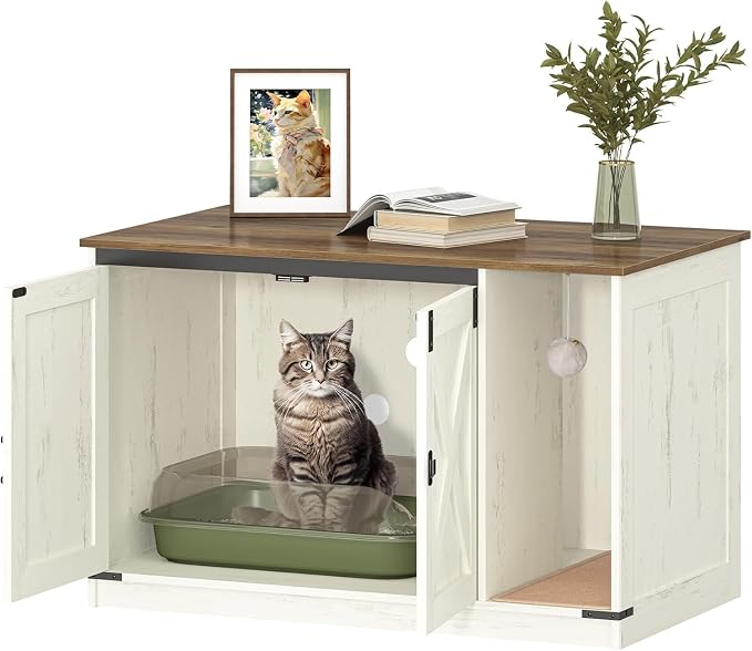 Hzuaneri Cat Litter Box Enclosure, Hidden Litter Box Cabinet Furniture with Bell, Indoor Cats House, Farmhouse Style, 39.4 x 21.7X 24.8 Inches for Hallway, Bedroom, Rustic Brown and White CB85214X