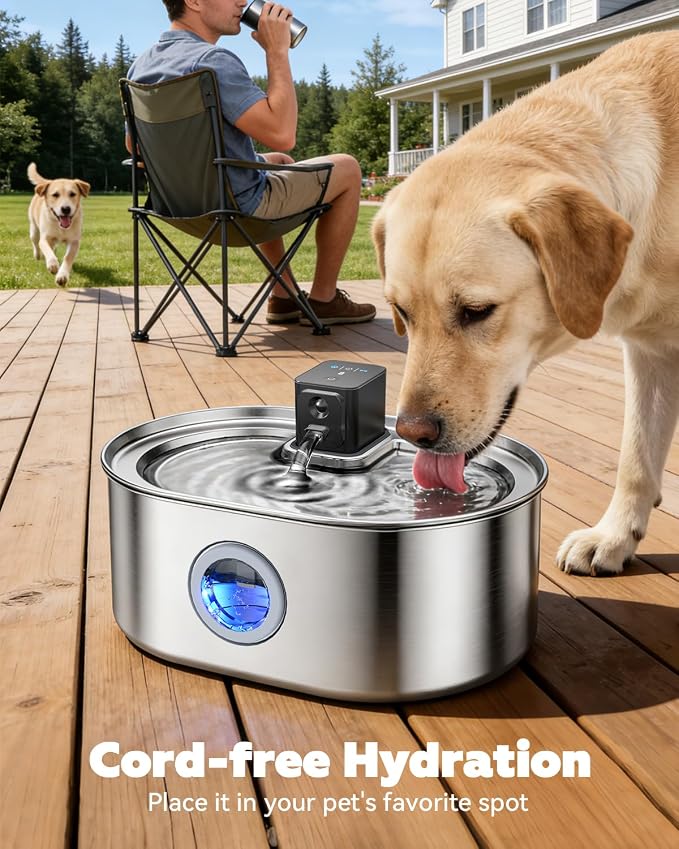 Wireless Dog Water Fountain, 8L/2.1Gal Battery Operated Dog Water Bowl Dispenser, Cordless Stainless Steel Pet Water Fountain with 3 Motion Sensor for Multi-Pets, Easy Setup