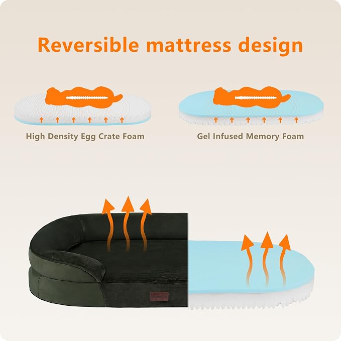 Dwanton Orthopedic Dog Bed for Large Dogs with Gel Memory Foam, Waterproof Dog Sofa, Washable Pet Bed with Four Sided Bolster Cushion, Removable Cover & Non-Slip Bottom, 38", Green