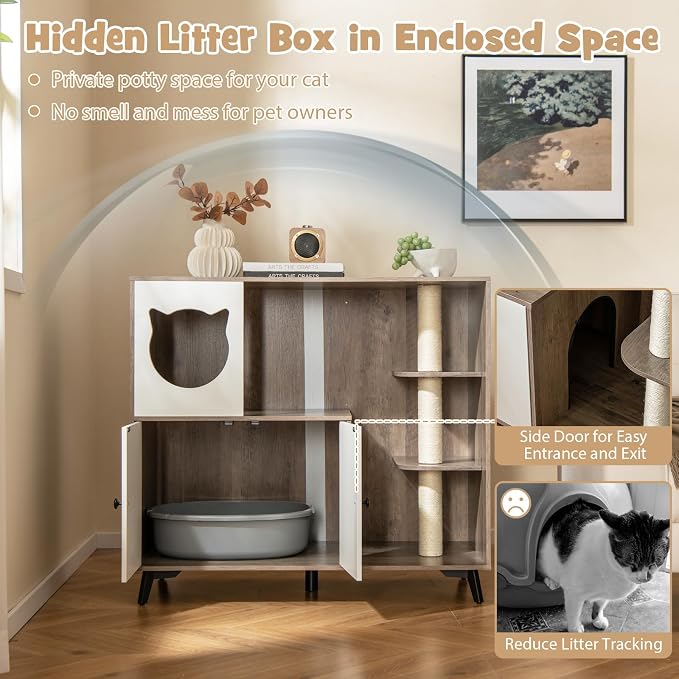 Tangkula Cat Litter Box Enclosure, 5-in-1 Enlarged Hidden Litter Box Furniture with Cat Condo, 3 Scratching Posts, 5 Metal Support Legs, Cat Washroom, Multi-Layer Cat House for Indoor Cats