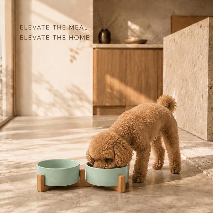 SPUNKYJUNKY Ceramic Dog and Cat Bowl Set with Wooden Stand, Modern Cute Weighted Food Water Set for Small Size Dogs (13.5OZ) & Medium Sized Dogs (28.7OZ) & Cats (1.7 Cups, 2 × Morandi Green)