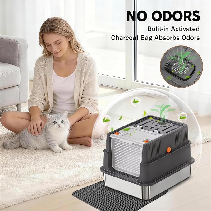 Stainless Steel Litter Box with Lid: Enclosed Cat Litter Box for Small Cats & Kitten, Metal Kitty Litter Pan with High Sided Enclosure, Include Scoop & Mat, Odor Control, Anti-Leakage