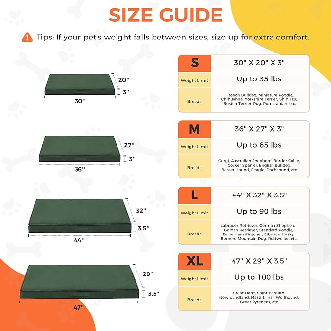 Outdoor Dog Bed for Small Dogs, Waterproof Dog Bed Small, 30x20x3 Inch, Orthopedic Dog Bed with Removable Washable Cover, Flat Rectangle Pet Crate Pad for Kennel, Cage, Outside, Dark Green