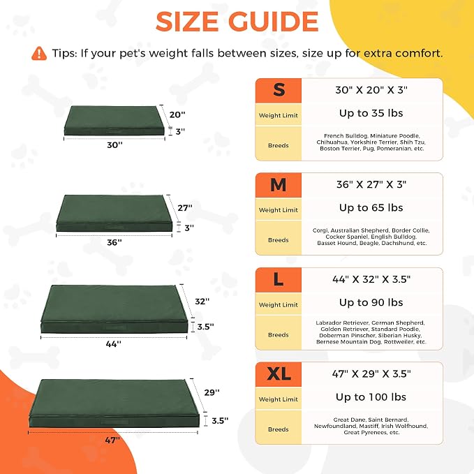 Outdoor Dog Bed Large Sized Dog, Waterproof Dog Bed Large, 44x32x3.5 Inch, Orthopedic Dog Bed with Removable Washable Cover, Flat Rectangle Pet Crate Pad for Kennel, Cage, Outside, Dark Green