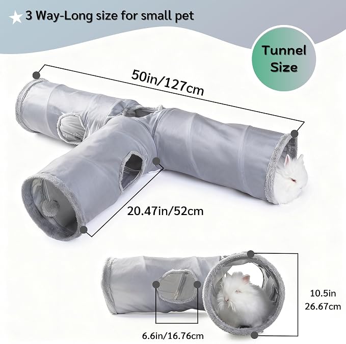 JanYoo Rabbit Bunny Tunnel Hideout Bunny Toys for Rabbits Guinea Pig Accessories Ferret Kitty 3 Ways Collapsible Tunnels (Solid Grey)