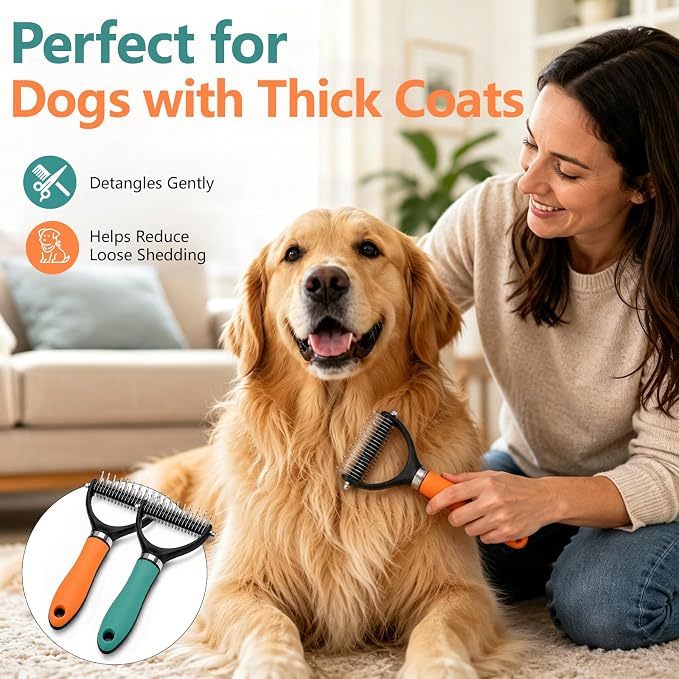 Dog Brush and Cat Deshedding Rake, Pet Grooming Tool for Shedding with Rounded Stainless Steel Teeth, Comfortable Grip for Long or Thick Coats (Orange+Green)