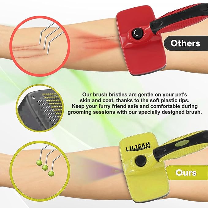 Pet Self Cleaning Slicker Brush and Grooming Comb - Gently Removes Loose Hair, Tangles, and Dirt - Skin Friendly Deshedding Grooming Tool for Hair Dogs & Cats - Pet Supplies Accessories (Yellow)
