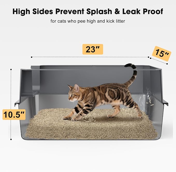 FURTIME Stainless Steel Cat Litter Box, Easy-Clean High-Sided Metal Litter Box, Open-Top Litter Pan for Large Cats, Includes Scoop & Mat, Non-Stick, Anti-Leakage, 23"×15"×10.5"