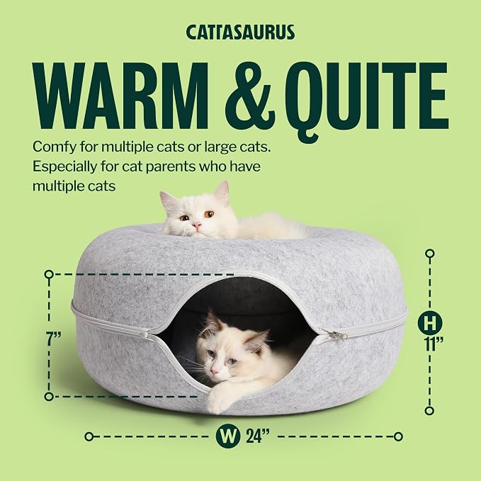 Cattasaurus Peekaboo Cat Cave Donut for Multiple & Large Cats up to 30-45 lbs, 3-in-1 Self Warming Cat Bed, Tunnel & Scratcher for Indoor Cats, Washable & Detachable (Light Gray + Light Gray, Large)