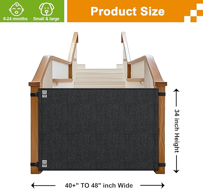 Baby Fabric Gate for Stairs Banisters - Dog and Pet Safety Barrier Gates for Stairway - No Drill Banister to Banister Baby Kids Gates for Stairs (Dark Gray, Wide 40" to 48" Height 34")