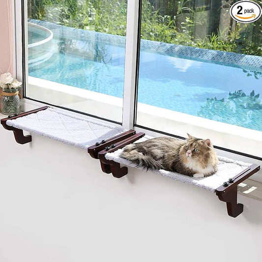Zakkart 2PC Easy Seat Cat Perch for Window Sill - Hammock Design w/Pine Wood & Robust Metal Frame - Cat Window Seat for Large Cats and Kittens (Dark Stained Wood w/Gray Bed, Medium (23''W x 14''D))