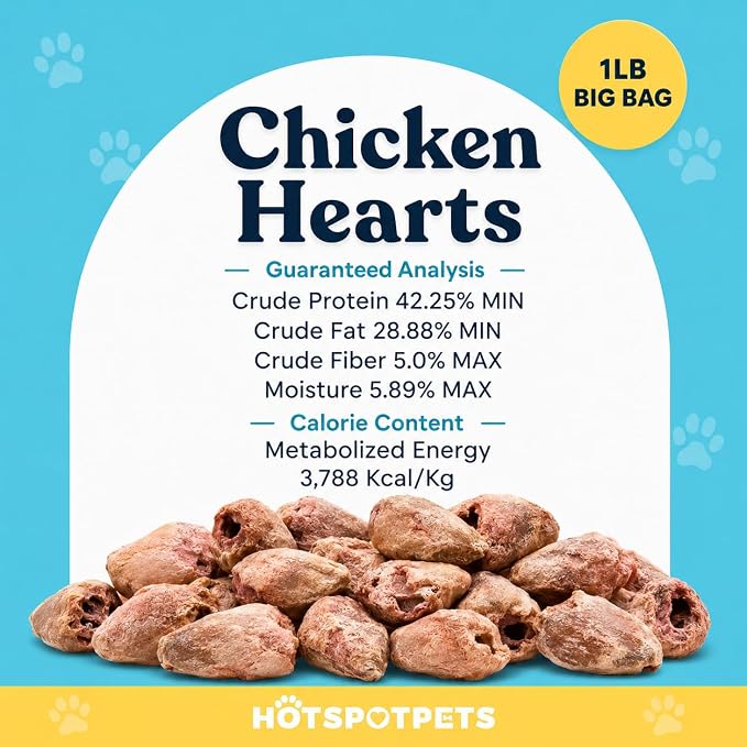 Hotspot Pets Freeze Dried Chicken Hearts for Cats & Dogs- 1LB Bag (300+pcs) USA Made, Healthy Single Ingredient All Natural Grain Free- Resealable -Perfect for Training, Topper or Snack, Allergen-Free