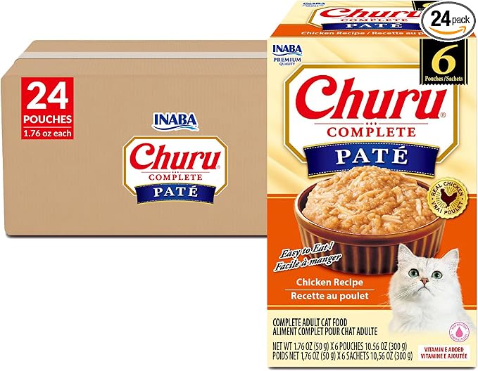 INABA Churu Complete Pate for Cats, Grain-Free, High Protein & Moisture, Wet Cat Food with Fish Oil, 1.76oz. Pouch, 24 Pouches, Chicken Recipe