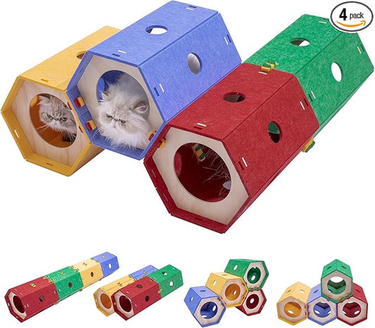 Cat Tunnel Bed for Indoor Cats, DIY Modular Felt Pet Tunnel Toy, 8 Way Hiding Large Rabbit Play Scratch House, Expandable Hideaway Peekaboo Kitten Cave, Hideout Cube, Washable Kitty Circle Tube, 1 Set