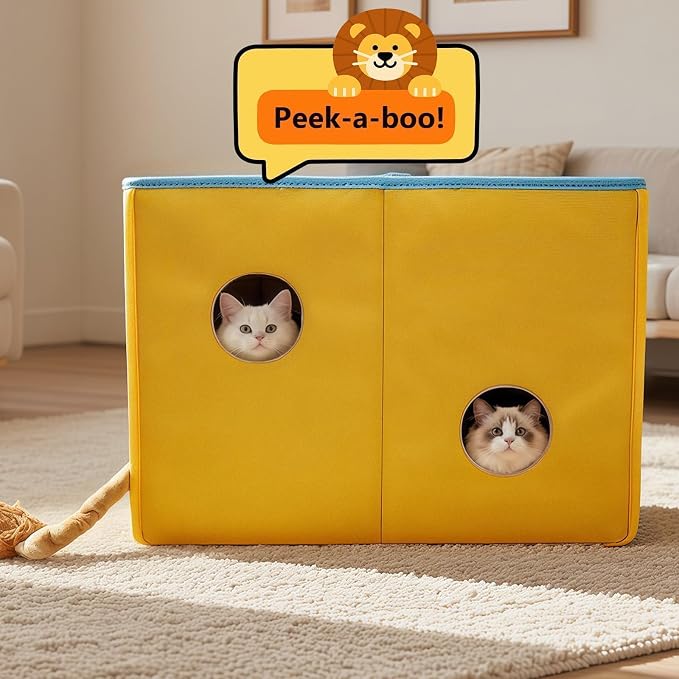CWV Interactive Cat Toys for Indoor Cats, Kitten Toys with Scratch Pad， Cat Hideaway with Peekaboo Holes, Lion Cat House Cave with Soft Pillow