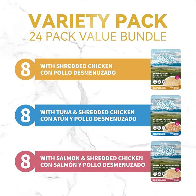 Shredded Chicken in Broth – High-Protein Grain-Free Lickable Cat Food Topper, Lickable Cat Treats Chicken & Seafood Variety Pack, 24 Pouches (1.41 oz Each) (24)