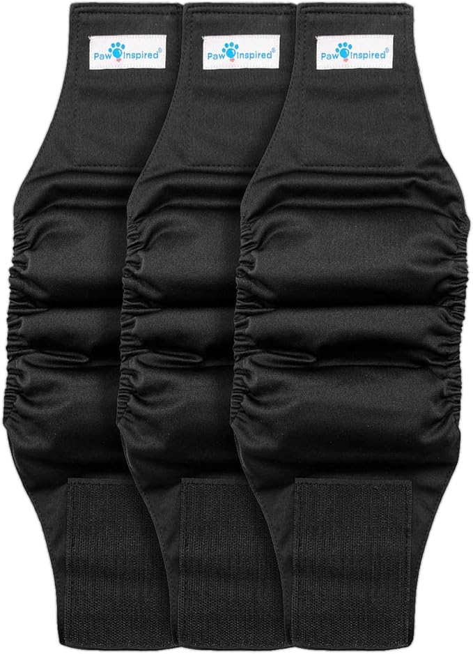 PAW Inspired Belly Band Male Dog WRAP Washable, Black, Black Lining, X-Small, 3 Count
