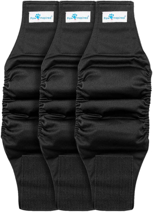 PAW Inspired Belly Band Male Dog WRAP Washable, Black, Black Lining, X-Small, 3 Count